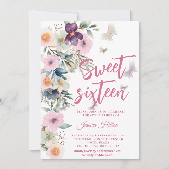 Cute Vår Butterfly boho blommigt söt 16 Inbjudningar (Framsida)