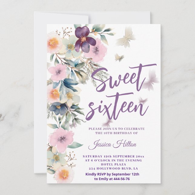 Cute Vår Butterfly boho blommigt söt 16 Inbjudningar (Framsida)