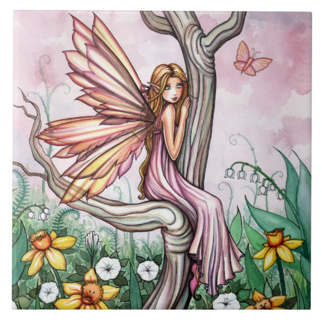 Cute Vår Daffodil Fairy Fantasy Art Tile Kakelplatta (Framsidan)