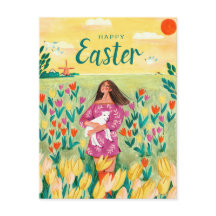 Cute vår-kvinna i Tulip fält Påsk