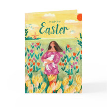 Cute vår-kvinna i Tulip fält Påsk