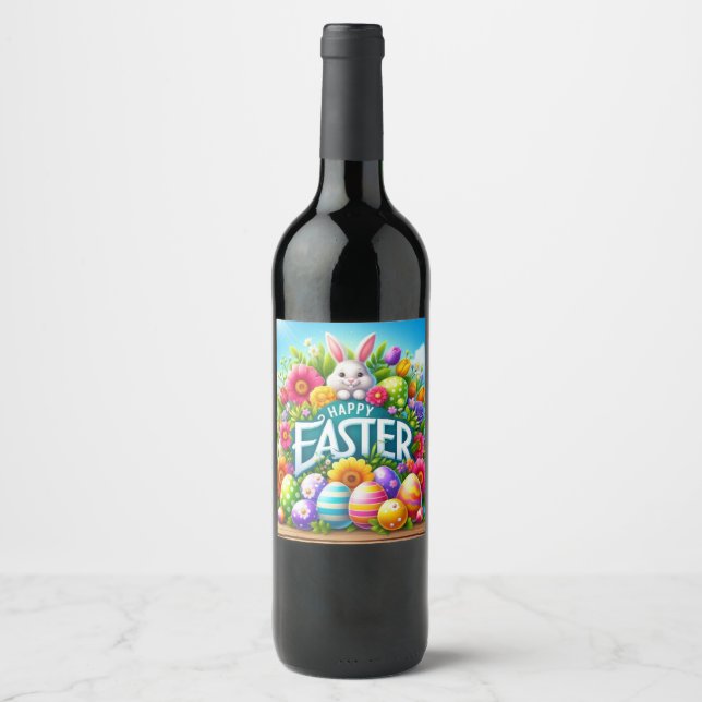 Cute vår/Påskhare med ägg Vinflaska Etikett (Framsida)