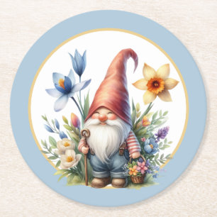 Cute Vår-trädgården party gnome Underlägg Papper Rund