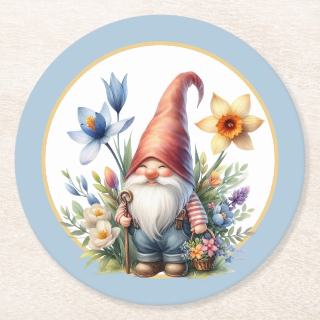 Cute Vår-trädgården party gnome Underlägg Papper Rund (Framsidan)