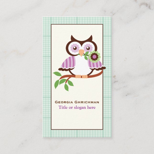 Cute vår uggla med mynta grönt i gräns visitkort (Framsida)