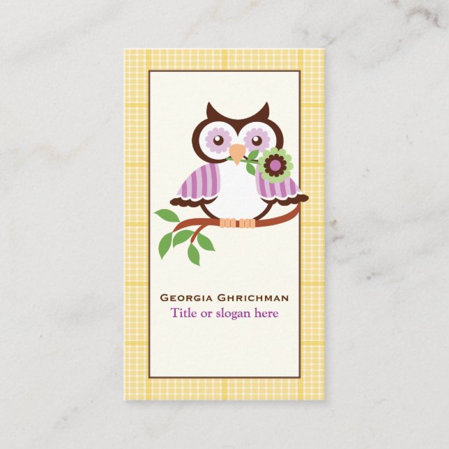 Cute vår uggla vid gren, gult i gräns visitkort (Framsida)