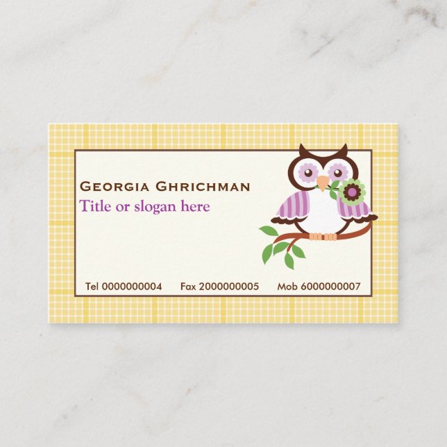 Cute vår uggla vid gren, gult i gräns visitkort (Framsida)