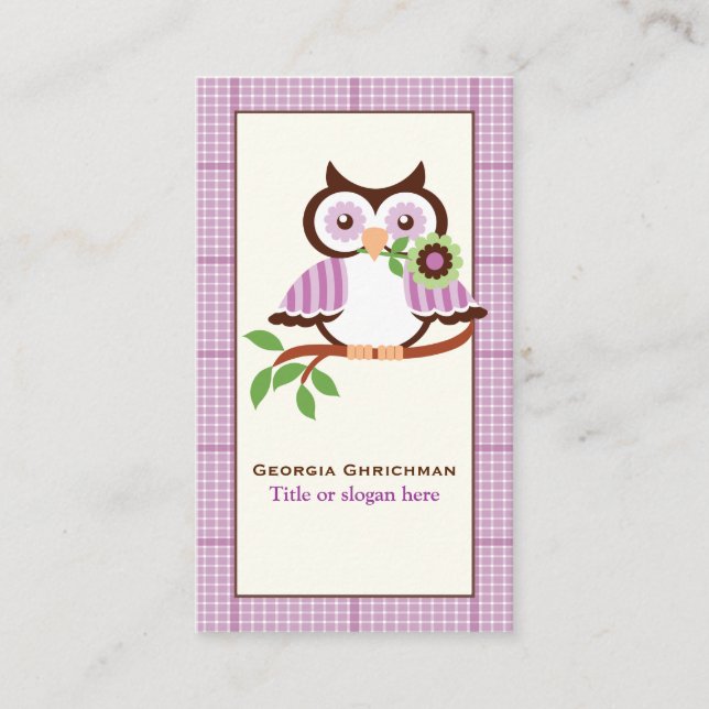 Cute vår uggla vid gren, lila i gräns visitkort (Framsida)