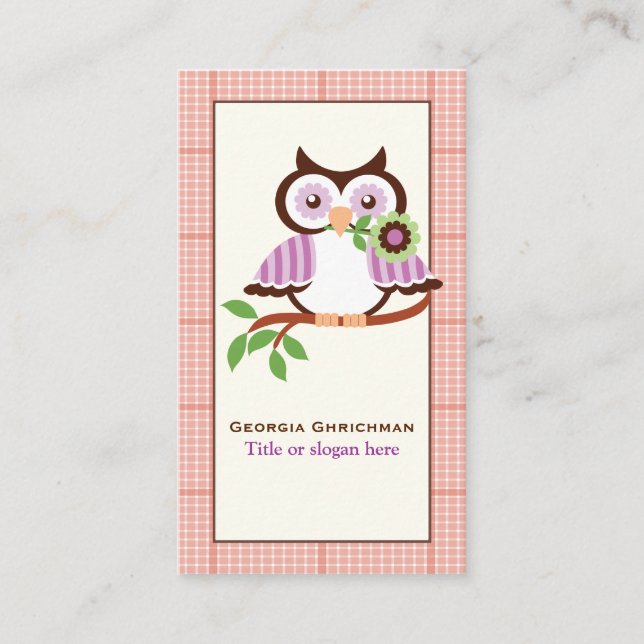 Cute vår uggla vid gren, orange i gräns visitkort (Framsida)