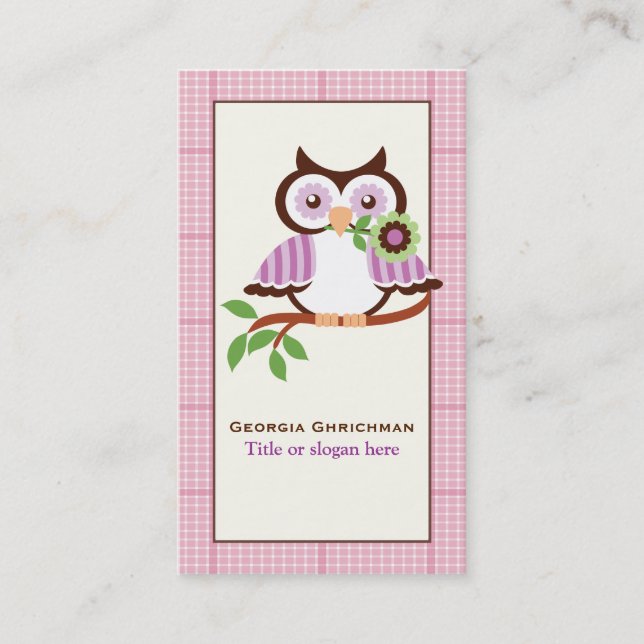 Cute vår uggla vid gren, rosa i gräns visitkort (Framsida)