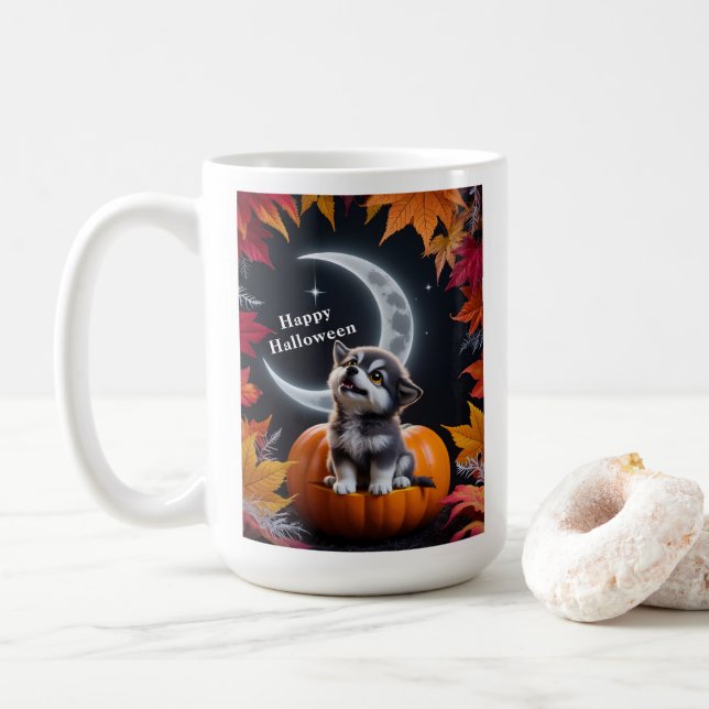 Cute Varg med Crescent Måne Natt höstscen Kaffemugg (Med munk)