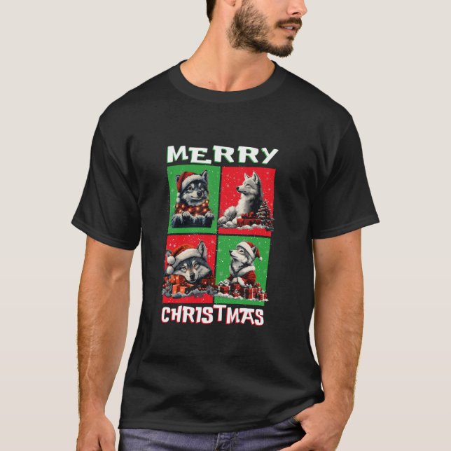 Cute Varg Santa Animals Älskare God jul Träd T Shirt (Framsida)