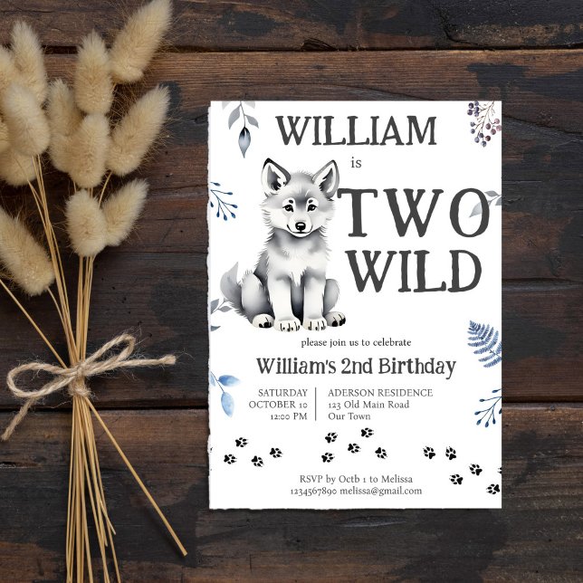 Cute varg unge 2 vild skogsmark födelsedagsfest inbjudningar (Cute grey wolf cub two wild woodlands birthday party invitation editable template instant download)