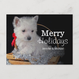Cute Väster Highland Terrier i basket Helg Vykort