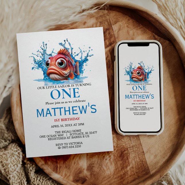 Cute Vatten Blue Fish 1st Birday Inbjudningar (Skapare uppladdad)