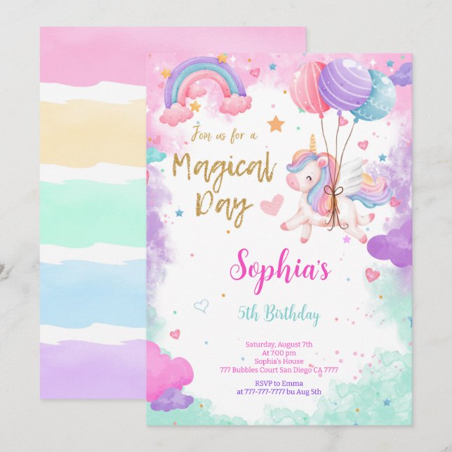 Cute Vatten Färg Unicorn Birthday bjudande Inbjudningar (Fram/baksida)