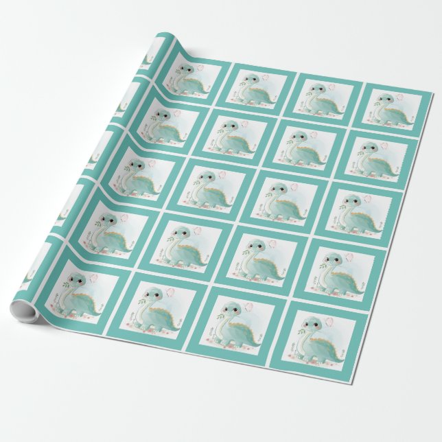 Cute Vattencolor Baby Dinosaur-Grönt Presentpapper (Utrullad)