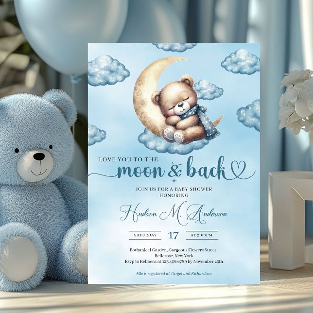 Cute vattencolor blue och guld sovande nalle inbjudningar (love you to the moon and back - boy baby shower invitation)