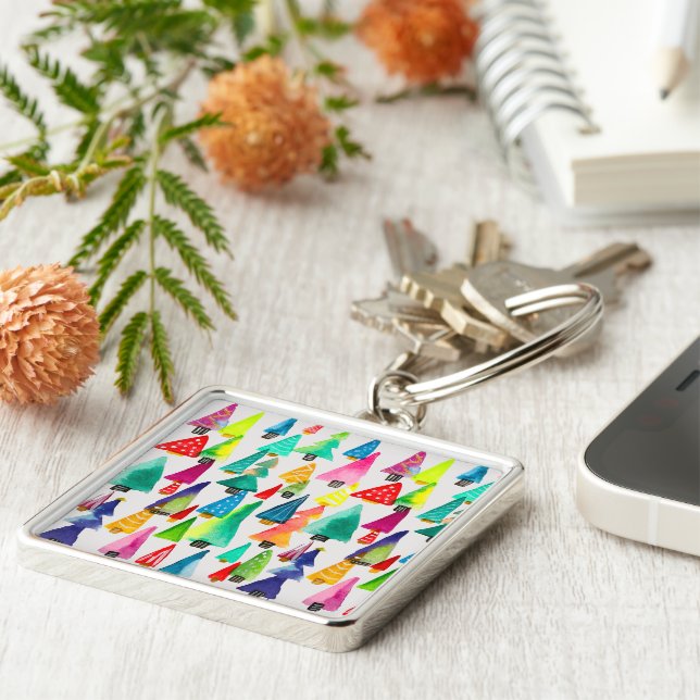 Cute vattencolor Julgranar Fyrkantig Silverfärgad Nyckelring (Sidan)