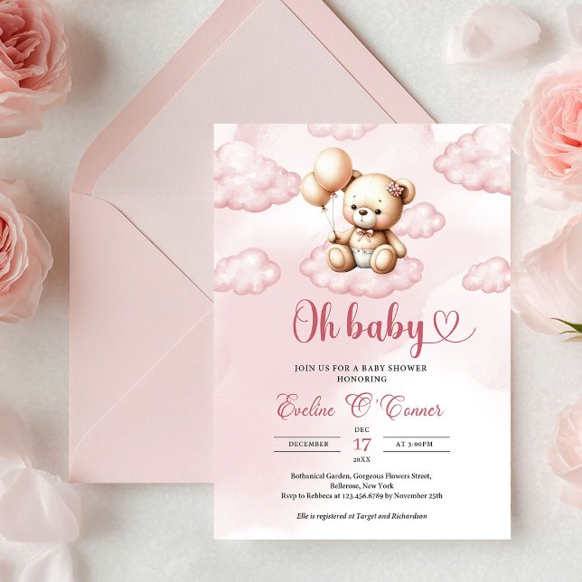 Cute vattencolor rosa nalle över molnet inbjudningar (Cute watercolor pink teddy bear over the cloud invitation)