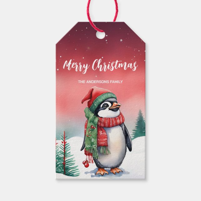 Cute vattenfärgen Penguin Santa party unge Presentetikett (Framsidan)