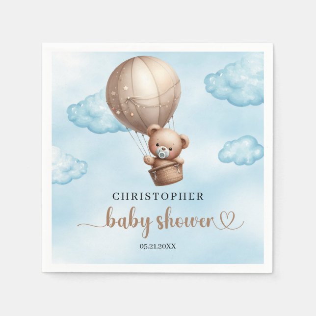 Cute vattenfärgsblå och brun nalle hett luft pappersservett (Framsidan)