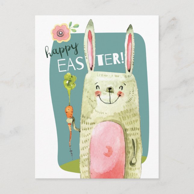 Cute Vattenfärgsbunt som håller morot Glad påsk Helg Vykort (Framsida)