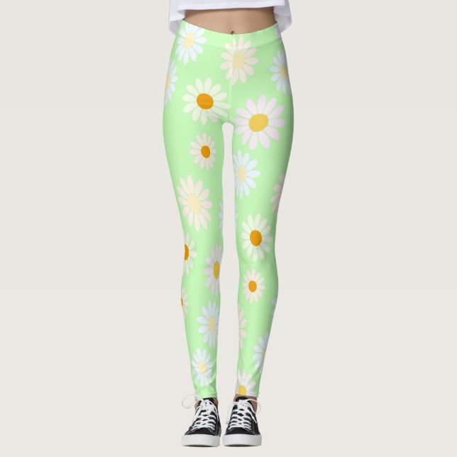 Cute vattenfärgsfärgad Daisy Mönster Grönt Leggings (Framsida)