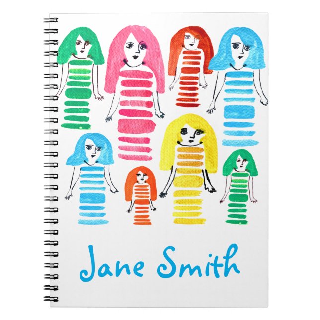 Cute vattenfärgsflickor funky modern konst anteckningsbok (Framsidan)