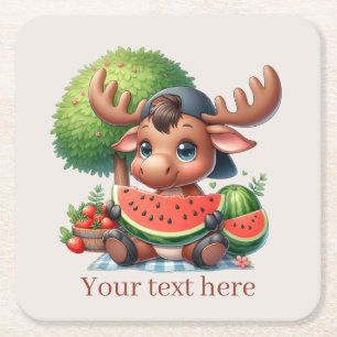 Cute Vattenmelon moose party Underlägg Papper Kvadrat