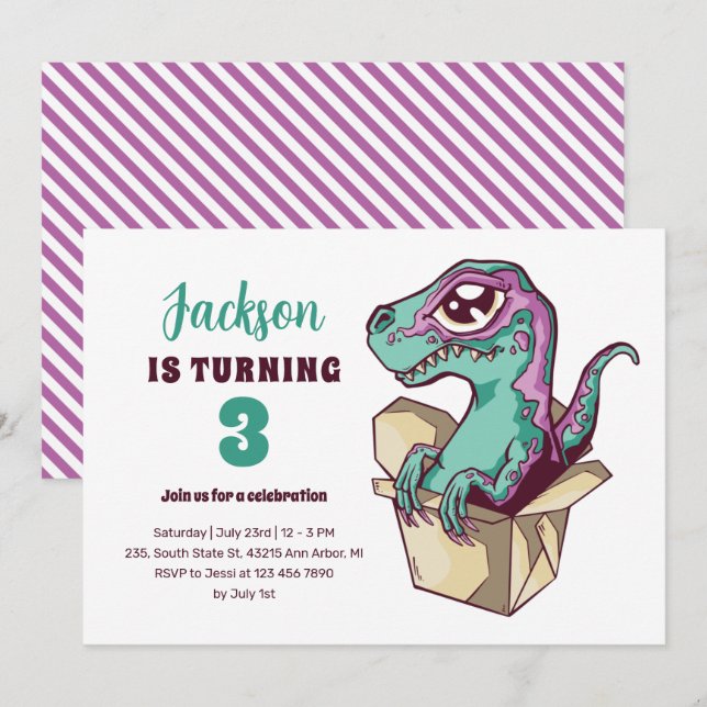 Cute Velociraptor in box Kids Dinosaur Birthday Inbjudningar (Fram/baksida)
