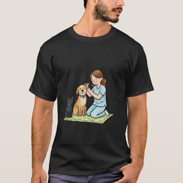 Cute Vet Nurse with Dog and Cat Illustration T Shirt (Framsida)