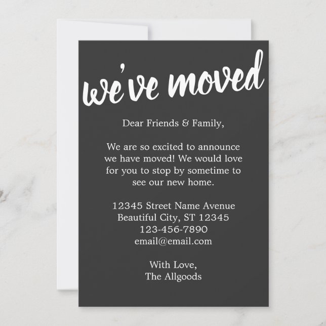 Cute Vi har flyttat House Black Flytta Notice Meddelande (Framsida)