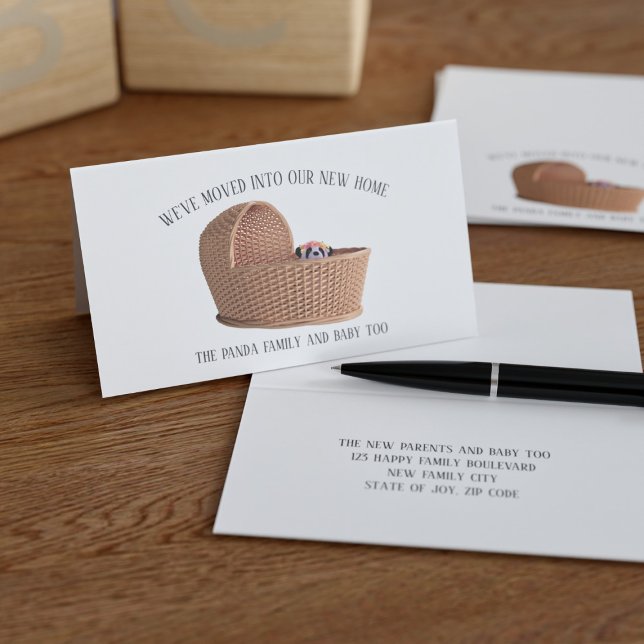 Cute Vi har flyttat New Home Change of Adress Card Visitkort (Cute little folded moving announcement cards featuring a panda in a basket. Add your details)