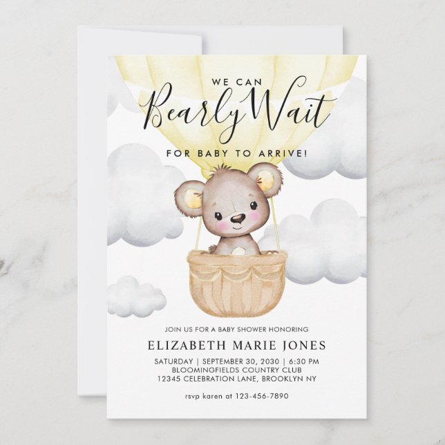 Cute vi kan bearly Wait Gult Balloon Baby Shower Inbjudningar (Framsida)