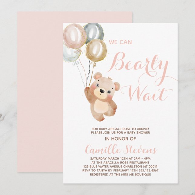 Cute vi kan bota vänta Bear Baby Shower Girl Inbjudningar (Fram/baksida)