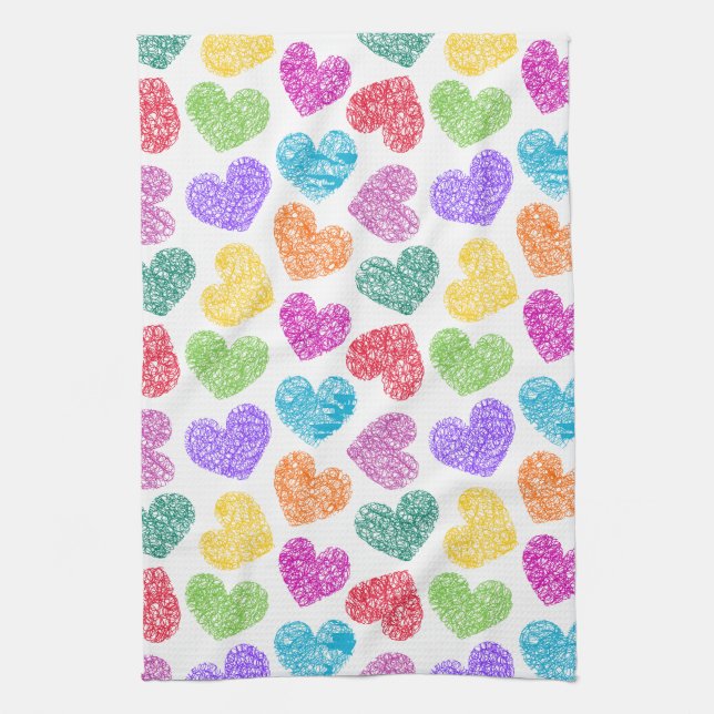 Cute Vibrant Doodled Heart Valentine Day Mönster Kökshandduk (Vertikal)
