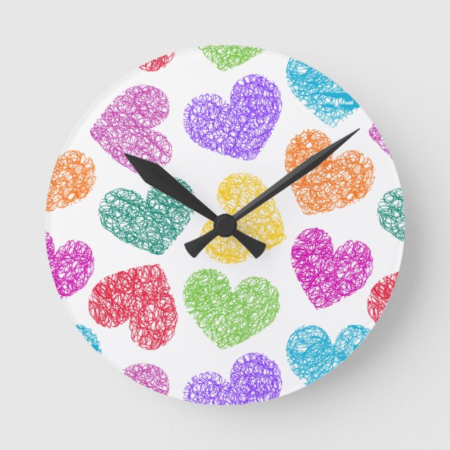 Cute Vibrant Doodled Heart Valentine Day Mönster Rund Klocka (Framsida)