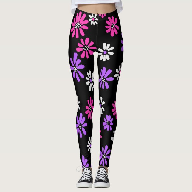 Cute Vibrant Rosa och Lila blommor Leggings (Framsida)