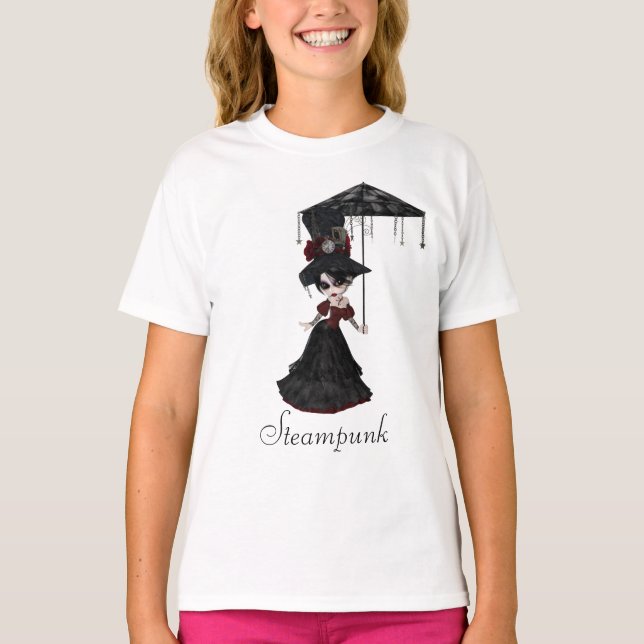 Cute Victorian Steampunk Goth Girl & Parasol T-shirt (Framsida)