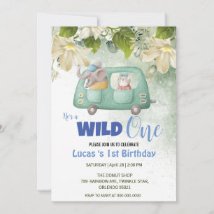 Cute Vild 1 Elephant Car 1:a födelsedagen party Inbjudningar