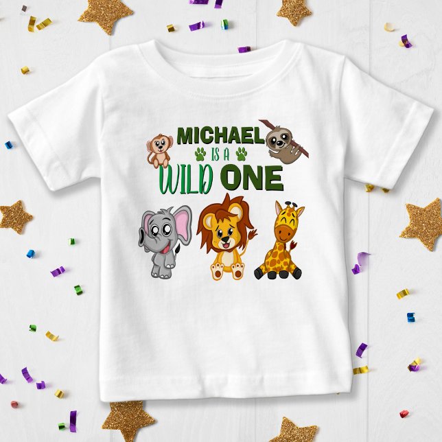 Cute Vild 1 Jungle Safari Animals första födelseda T Shirt (Cute Wild One Jungle Safari Animals First Birthday Baby T-Shirt)