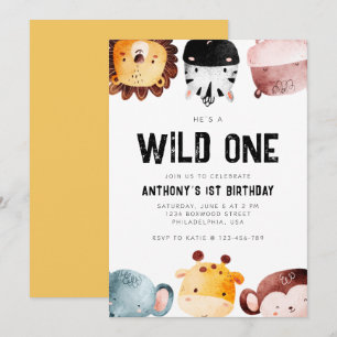 Cute Vild 1 Safari Animals Boy First Birthday Inbjudningar