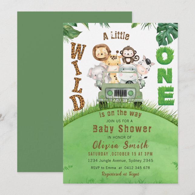 Cute Vild 1 Safari Animals, ungle Baby Shower Inbjudningar (Fram/baksida)