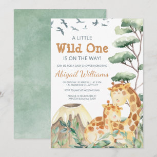 Cute Vild 1 Safari Giraffe Grönt Baby Shower Inbjudningar