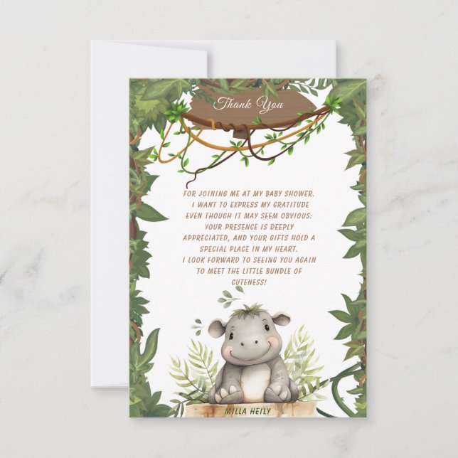 Cute Vild en safari Baby Hippopotamus Baby Shower Tack Kort (Framsida)