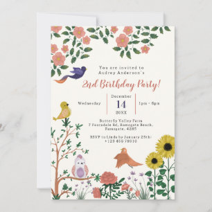 Cute Vild Flower och Birds Tea Party 2:a födelseda Inbjudningar