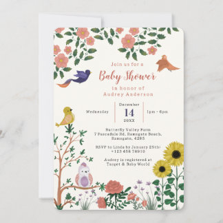 Cute Vild Flower och Birds Tea Party Baby Shower Inbjudningar