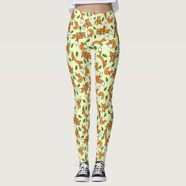 Cute Vild Fox och Löv Mönster Leggings (Framsida)