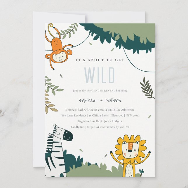 Cute Vild Jungle Animals Gender Reveal Inbjudan (Framsida)